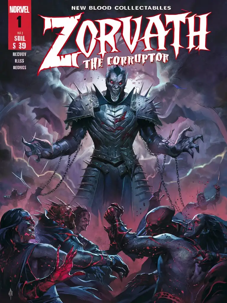 Design a Comic Book cover for "New Blood Collectables" featuring :Zorvath, the Corruptor" Issue: #1 Description: Zorvath spreads darkness, corrupting the hearts of heroes and turning them against each other.

