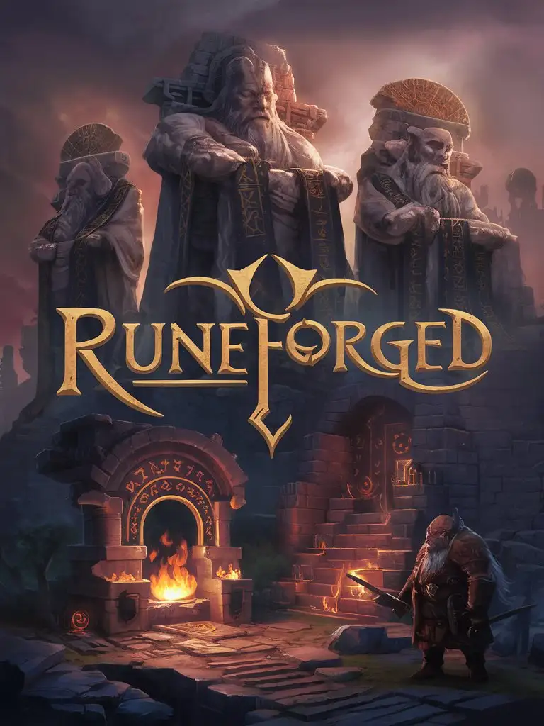 Mystical Runeforged Statues Amidst Dwarven Ruins and Forge