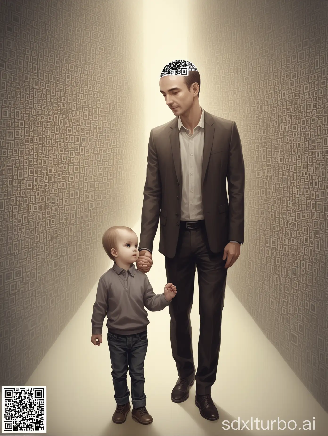 Generate an artistic image of a man holding a child’s hand, with a QR code on his forehead. The scene should depict a family, with the QR code standing out clearly on the man's head."
