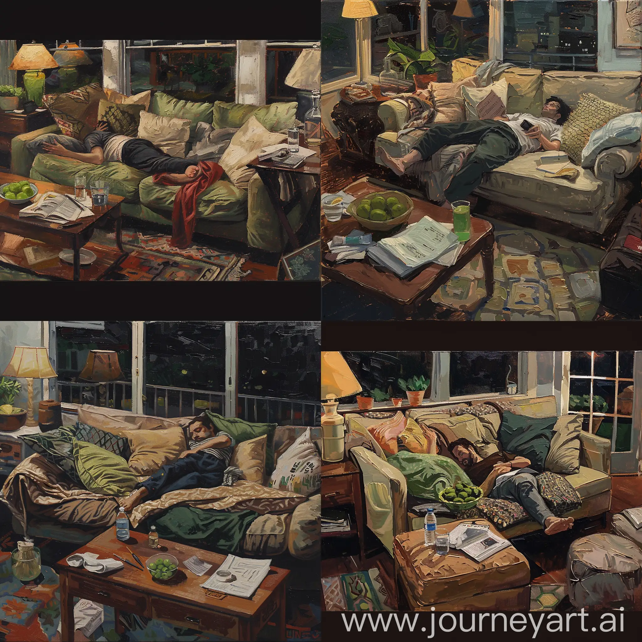 textured oil painting of an indoor scene, a person lying on the couch, The scene should include a cozy room with various pillows and a blanket on the couch, a window showing an outdoor view, a side table with a glass of water, a bottle, and papers or a book. Add a bowl of green fruit and a potted plant for a natural touch, Use an warm earthy color palette and paint a textured painting style, scene is in nighttime --iw 2.0 --ar 16:9
