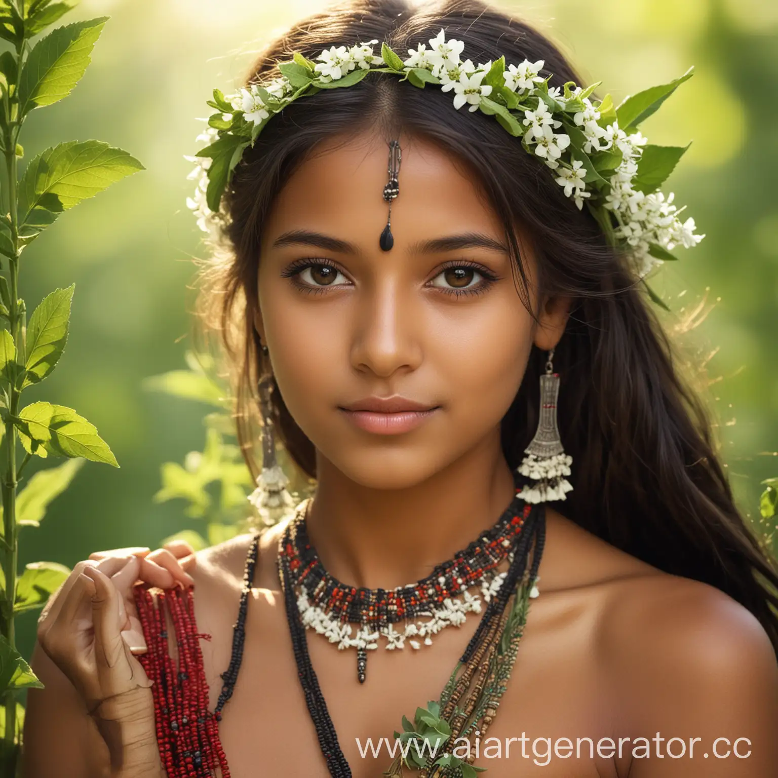Красивая девушка древнего индийского племени со стевией 