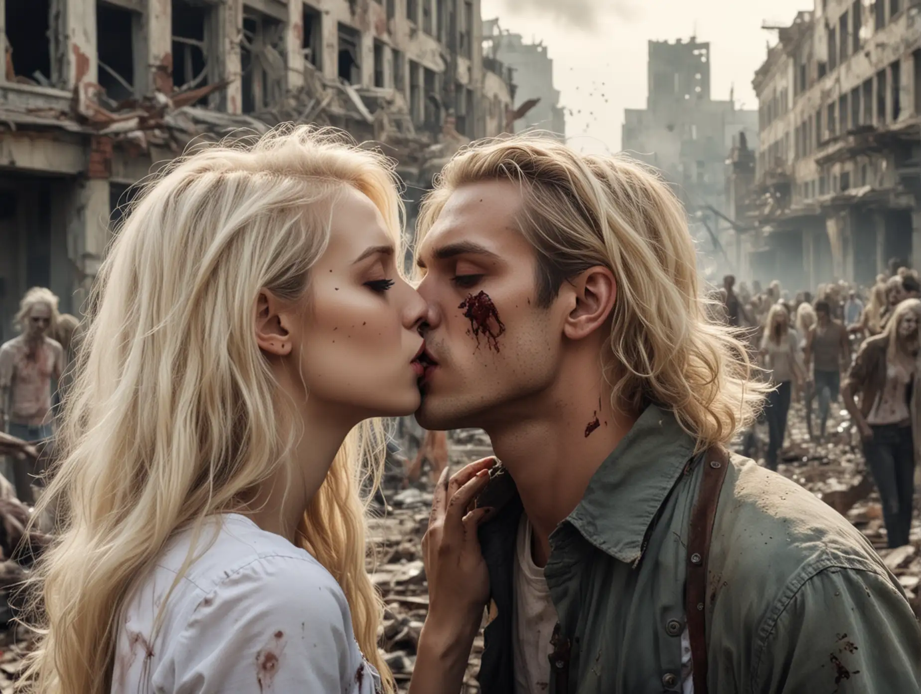 A blonde girl kisses a blonde man against the background of zombies and a destroyed city