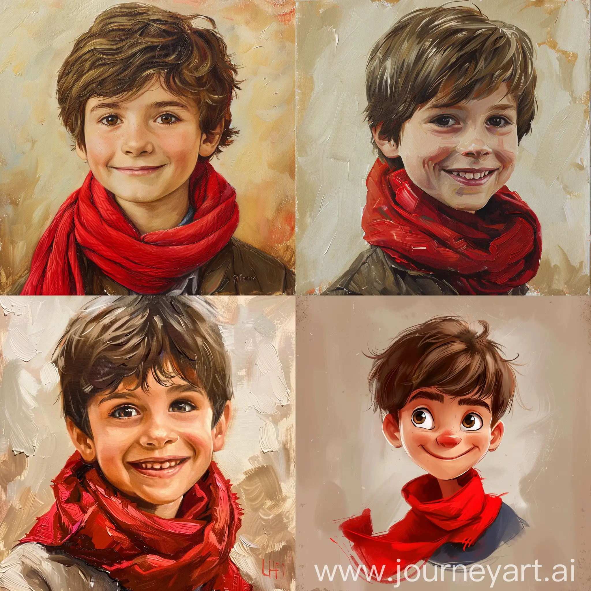 арт портет парня с коричневыми волосами, шарф красный, улыбка