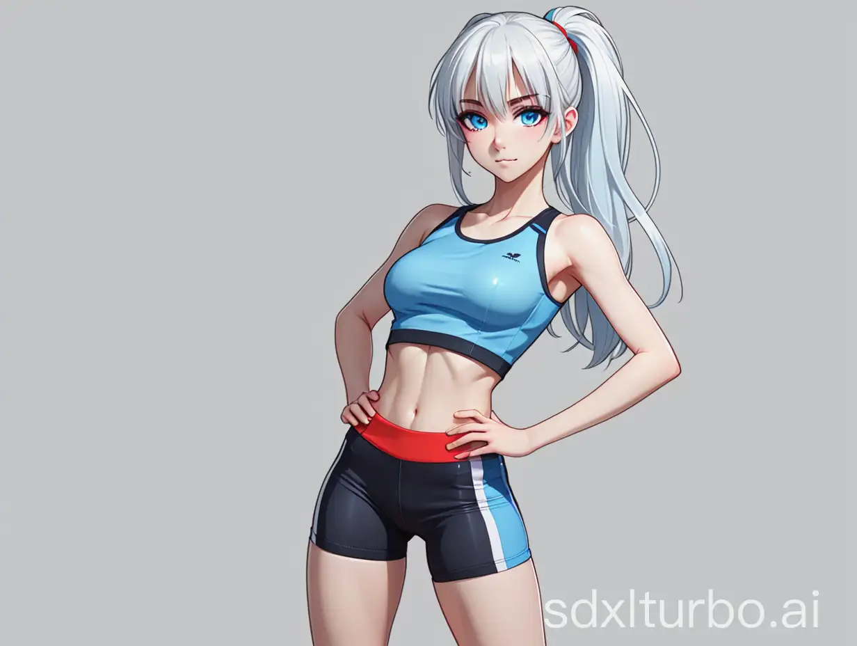 anime girl. europeoid facial features fit body. attractive chest. attractive butt. full height. attractive face. happy face. long white hair. hair with fringe. ponytail with red rubber band. light blue eyes. thin eyebrows. sexual tight blue top with black trim. cropped top. tight sexy compression sport shorts. shorts with light blue fabric inserts. white sneakers. white socks. background