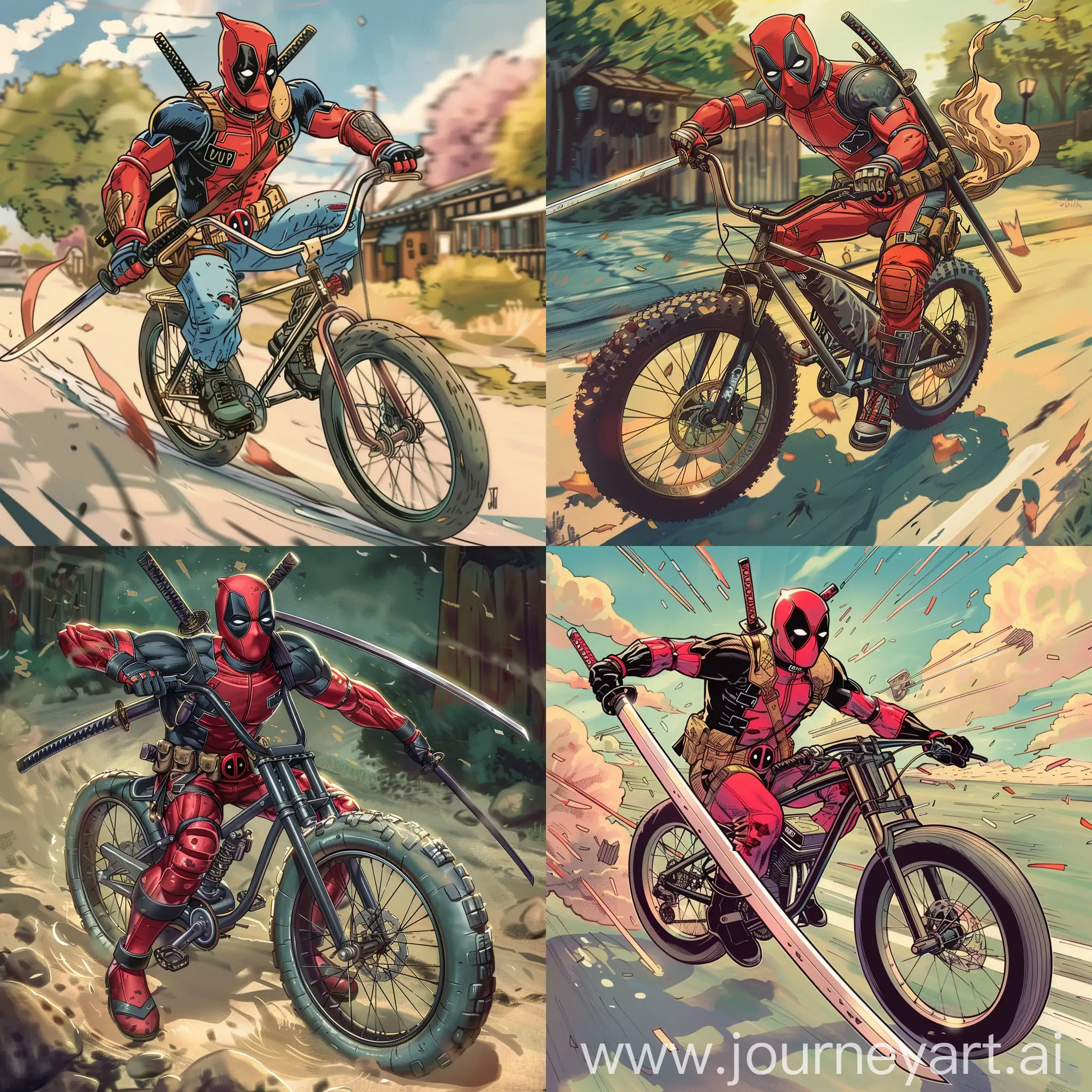 deadpool na rowerze z mieczem samuraja