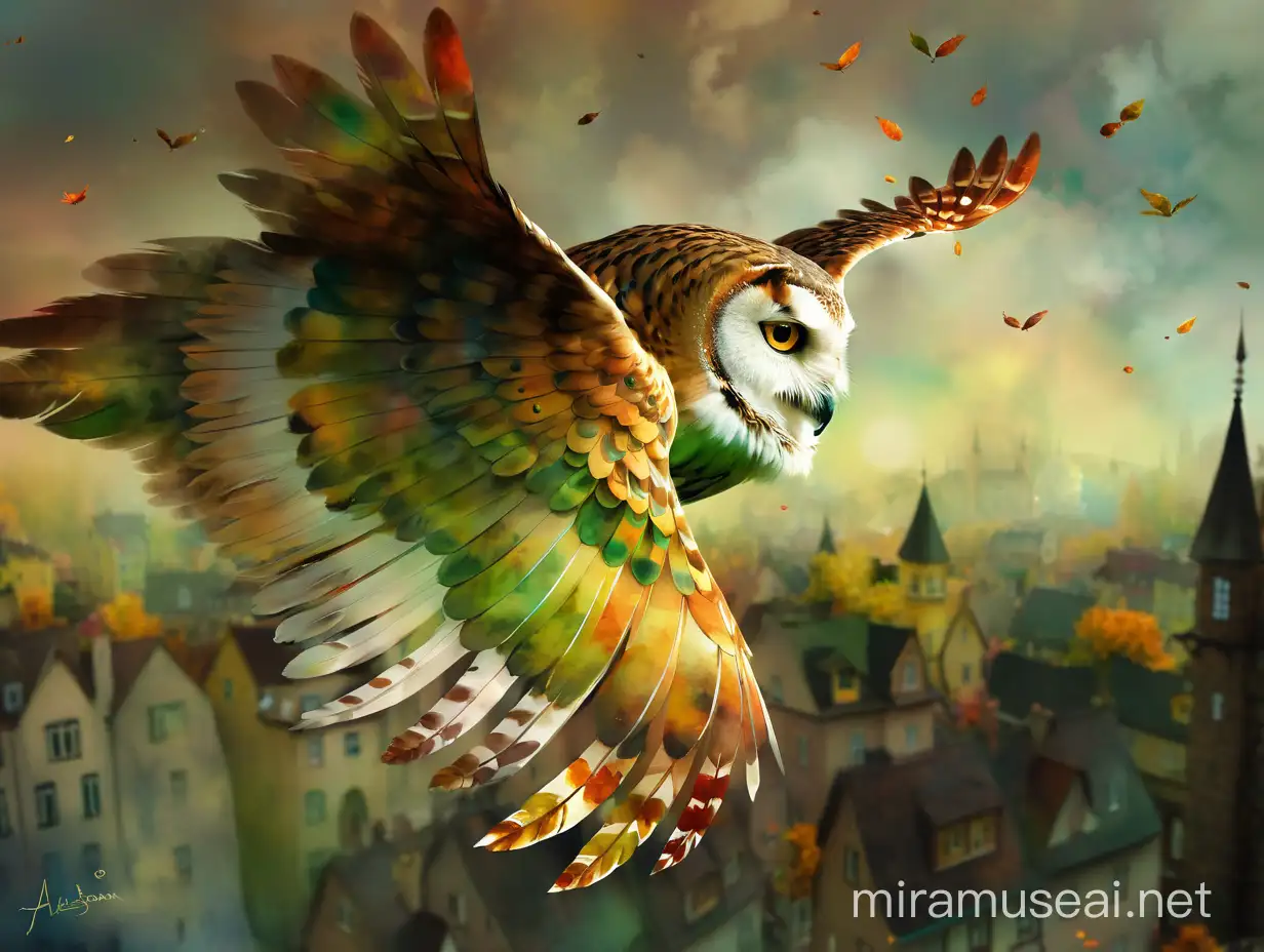 осень, волшебная сова летит над городом, на её спине сидят сказки, watercolour style by Alexander Jansson