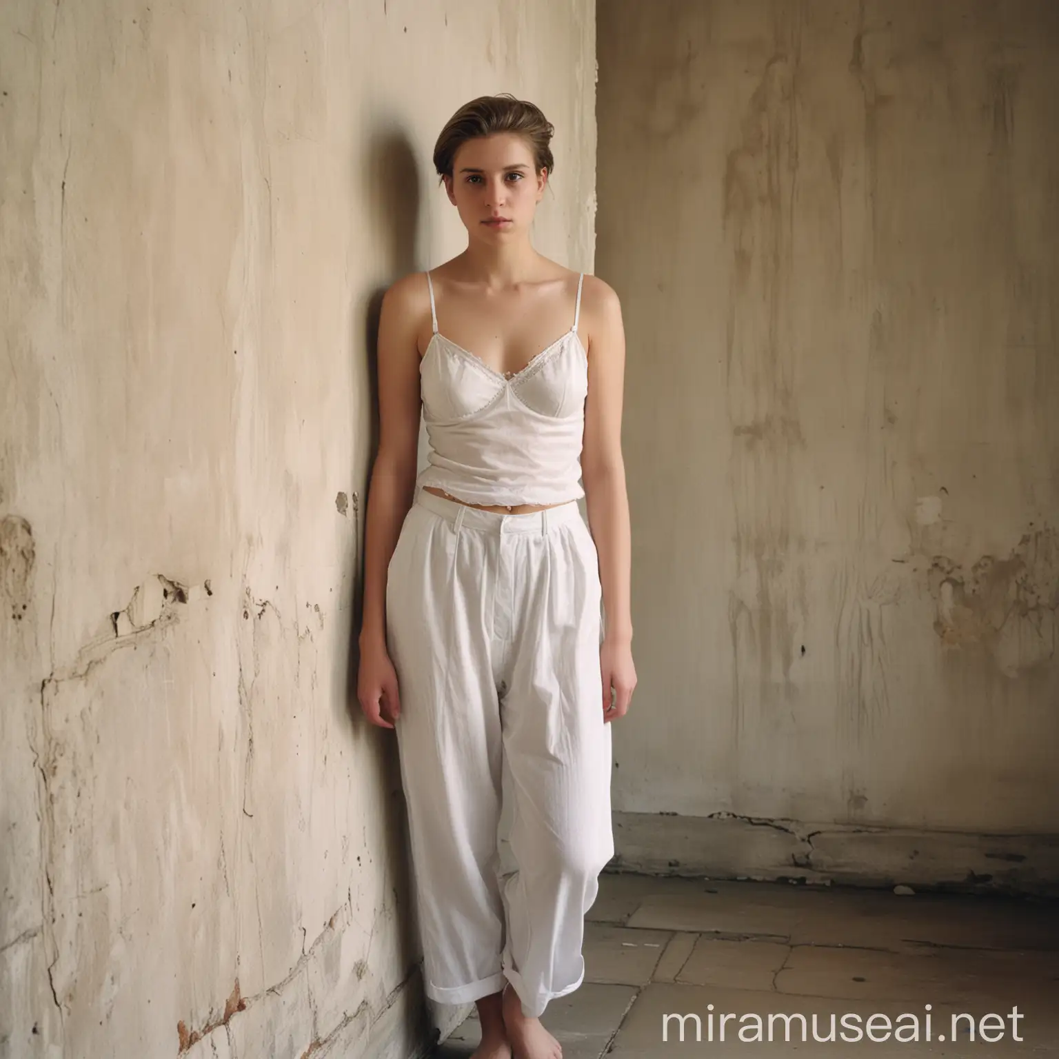 Francesca woodman styled photo of a caucasian woman young, short hair standing up, soft light direction from right, the background a plain old wall. the woman, 20 years old wears lingerie, a white bra and a white pant, she wears also black slippers. The hands are behind her torso. Her glance is neutral and frontal