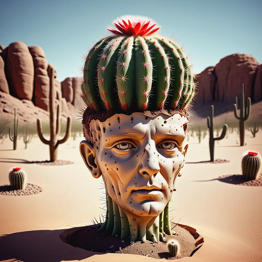 a head growing from the desert, cactuses are growing from the head
