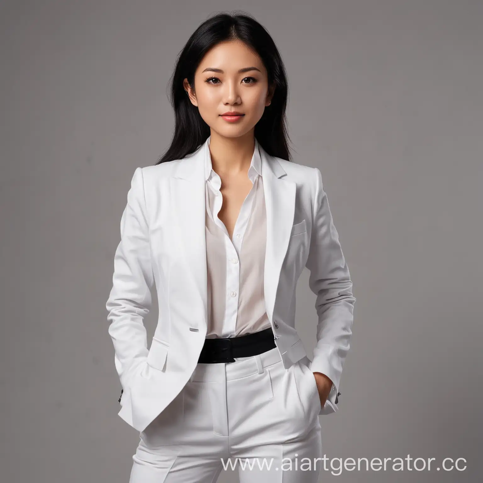 фото девушки, 25-30 лет, в белом костюме, азиатская внешность с темными волосами, деловой стиль