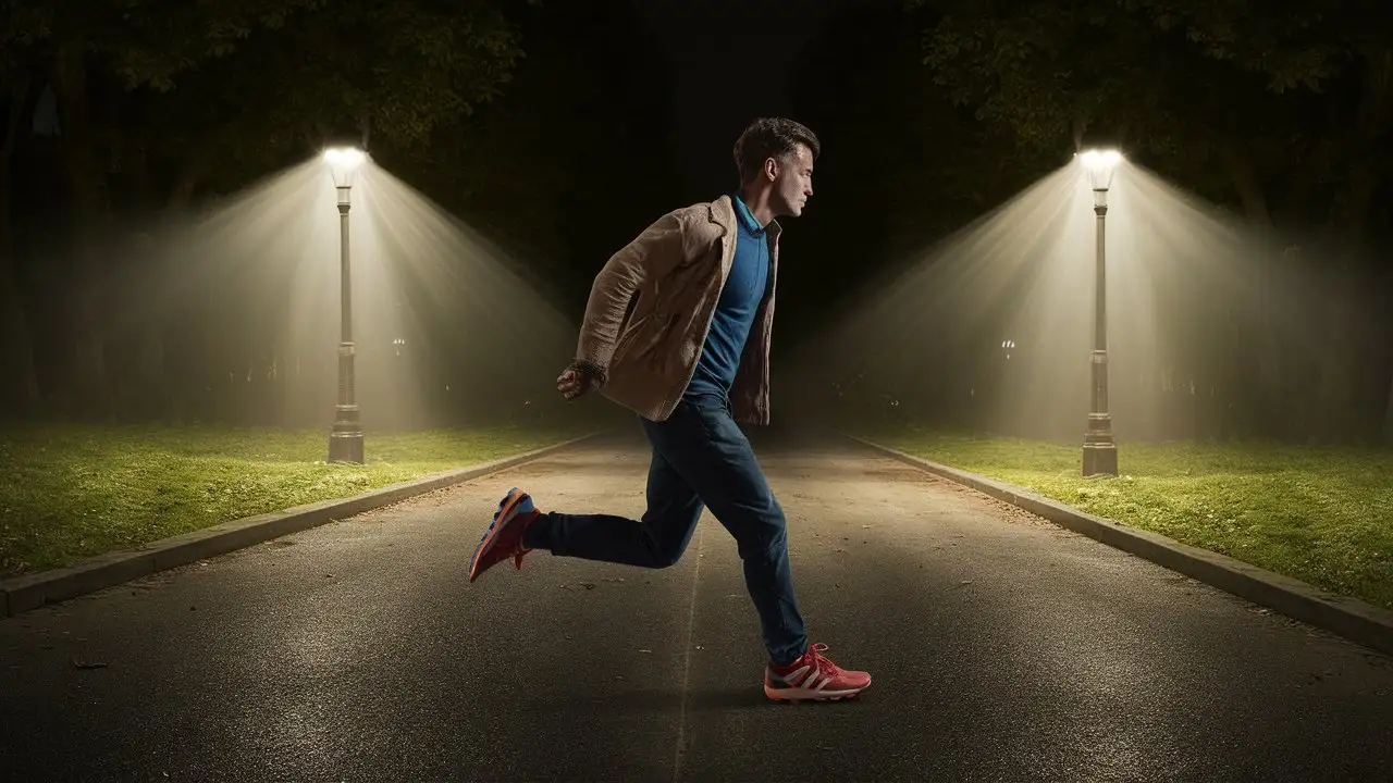 Determined Young Man Running in Wooded Park Alley at Night