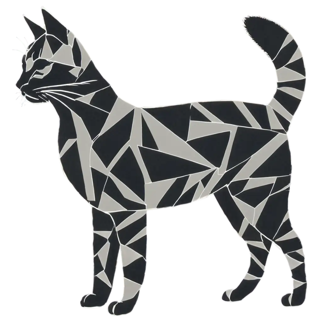 Develop an abstract design featuring the silhouette of a cat made up of geometric shapes and patterns.