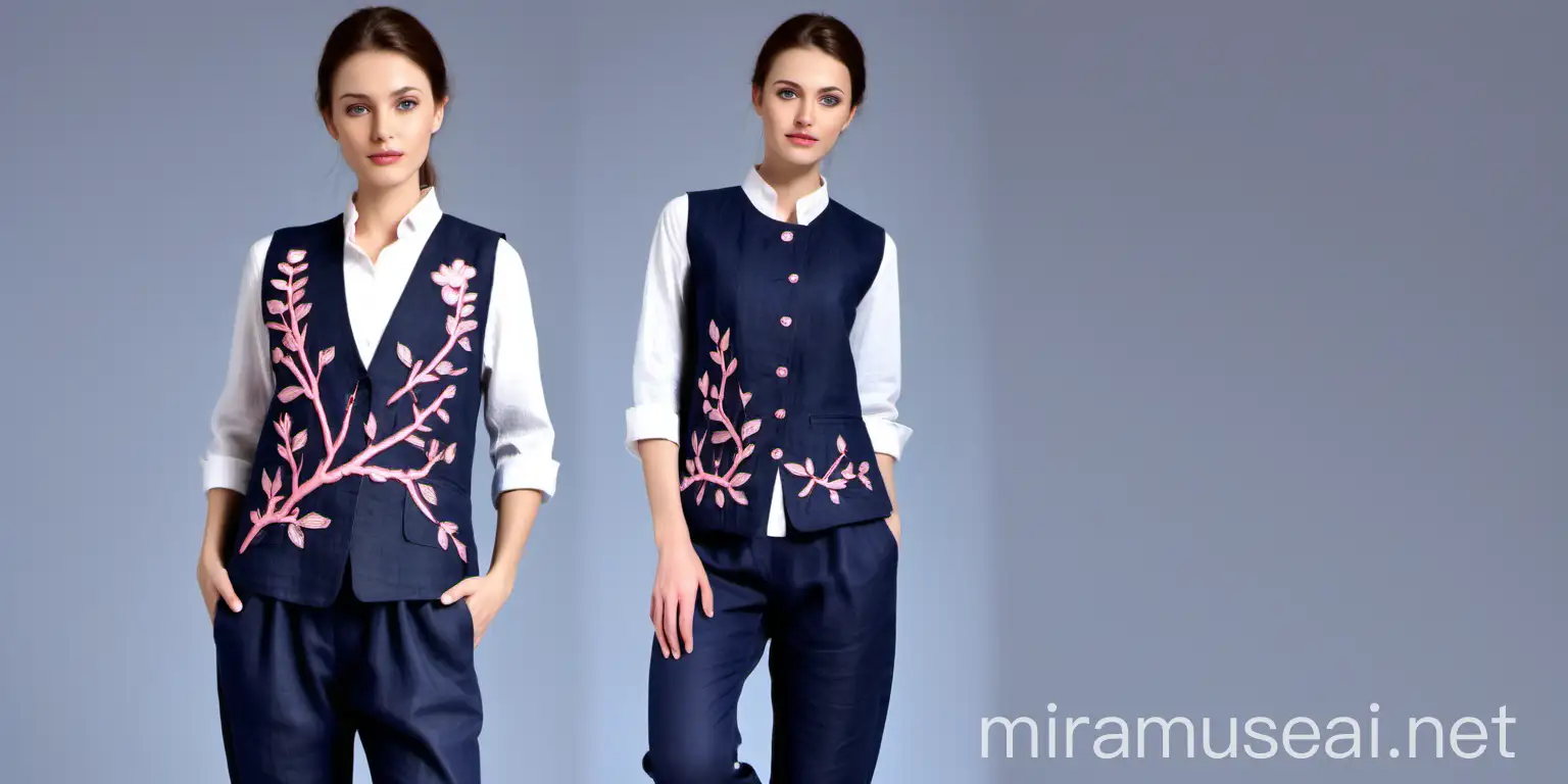 A women's vest, pants and shirt, worn by a model woman, navy color
  Linen material, with embroidery, two small and simple pink flower branches, have a real state