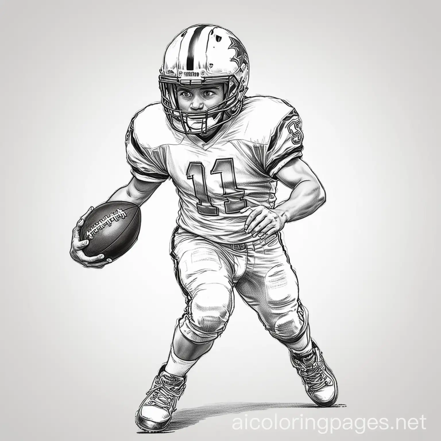 boy playing American football ample white space, Coloring Page, black and white, line art, white background, Simplicity, Ample White Space. The background of the coloring page is plain white to make it easy for young children to color within the lines. The outlines of all the subjects are easy to distinguish, making it simple for kids to color without too much difficulty