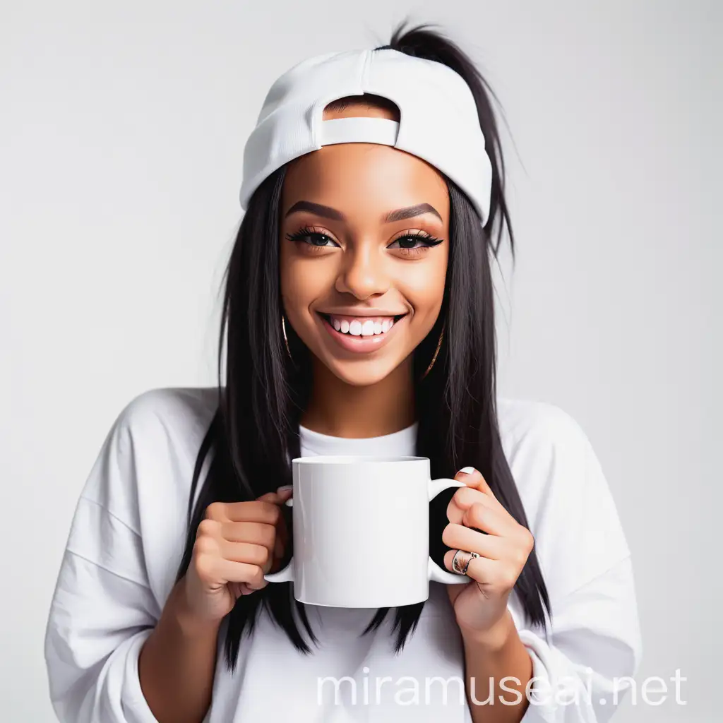 beautiful rapper girl smiling with a square white mug on a white background