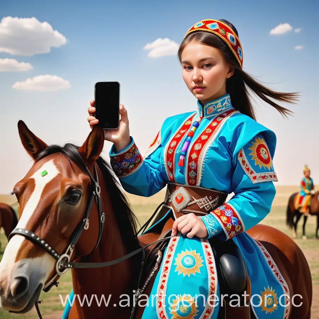 Kazakh-Girl-Riding-Horse-in-Traditional-Attire-with-Smartphone