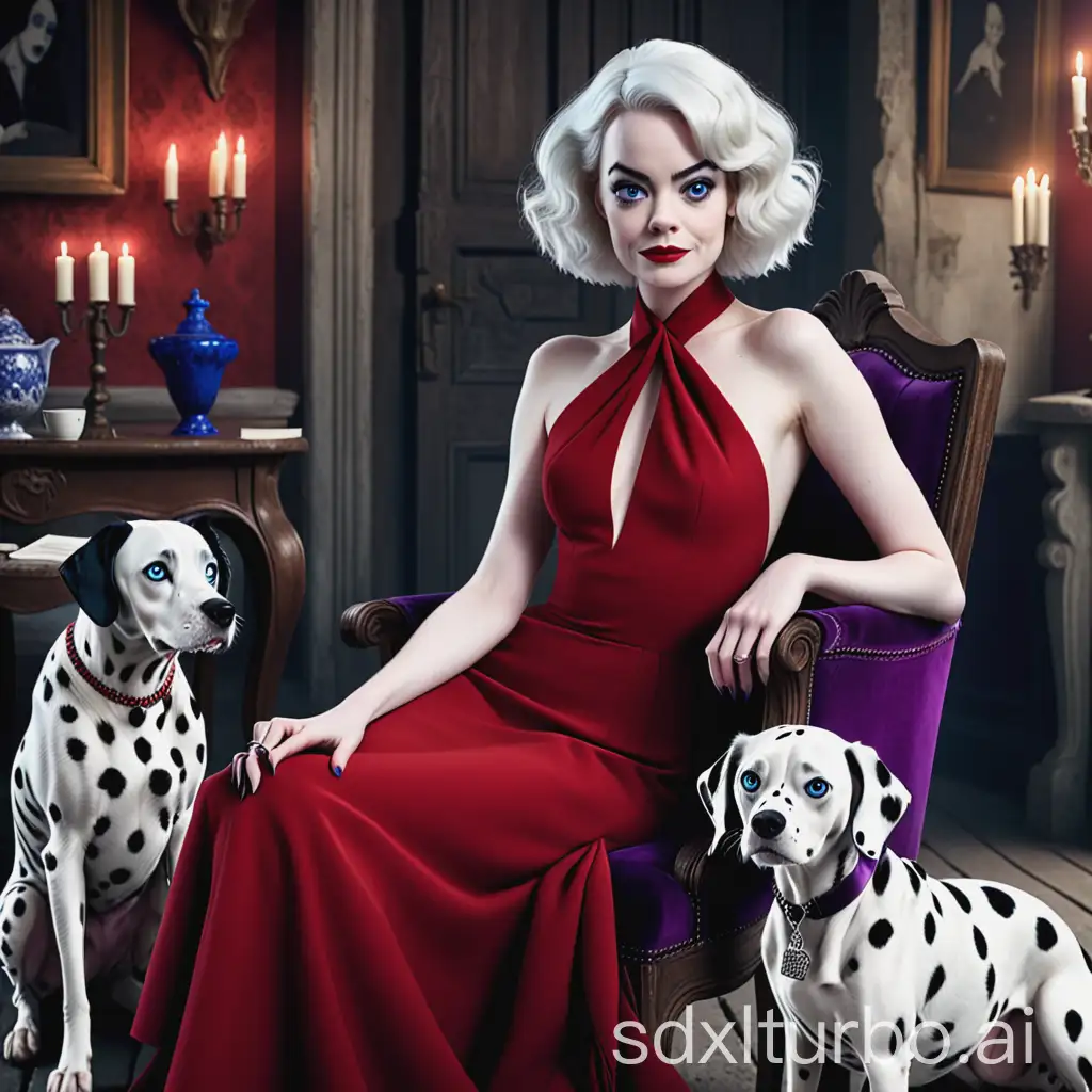 cruella emma stone in gorgeous red dress, hair is black and white,  blue eyes, sits by the old wood table in the old castle, purple chair, bank card in hand, next to her is a 2 Dalmatians