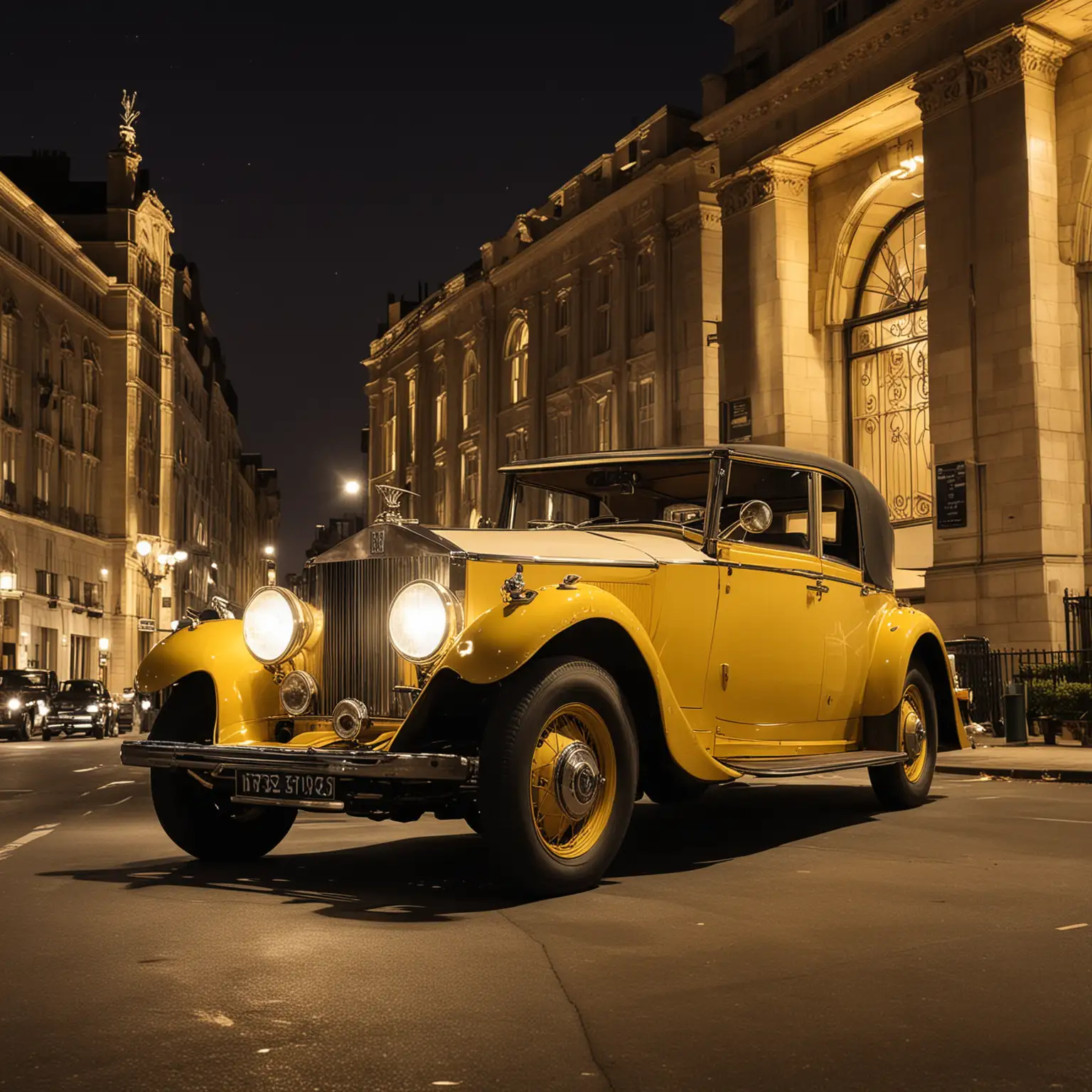 A yellow 1920s Rolls Royce at night art deco building in background
