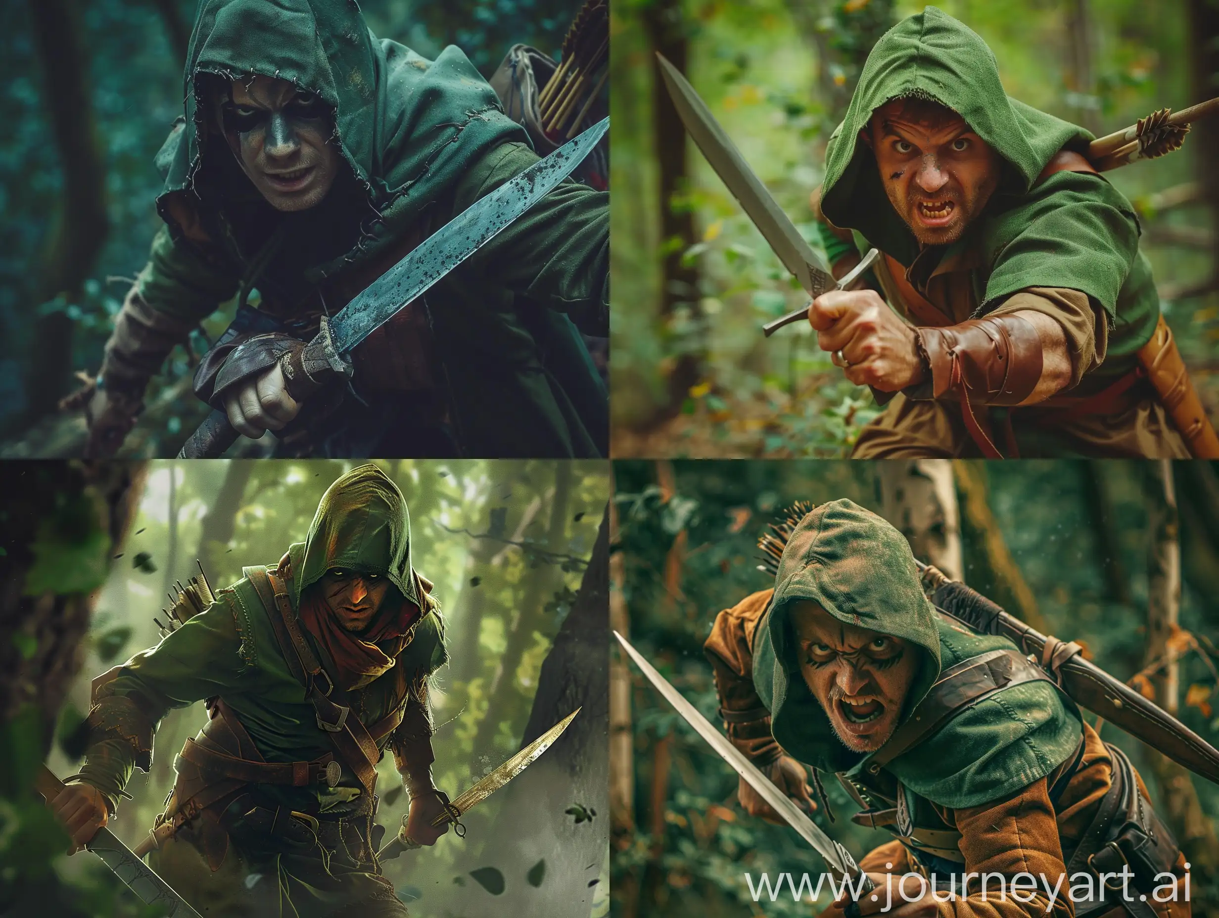 One is a killer hunter dressed like Robin Hood with a knife in his hand. Fierce face. Searching the forest.