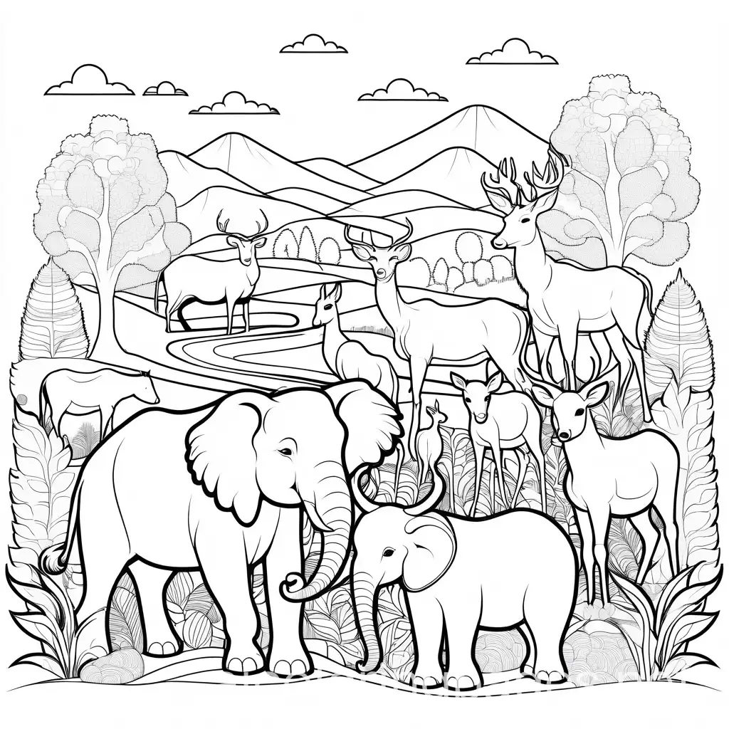 Diverse-Animal-Group-Coloring-Page-Simple-Line-Art-on-White-Background