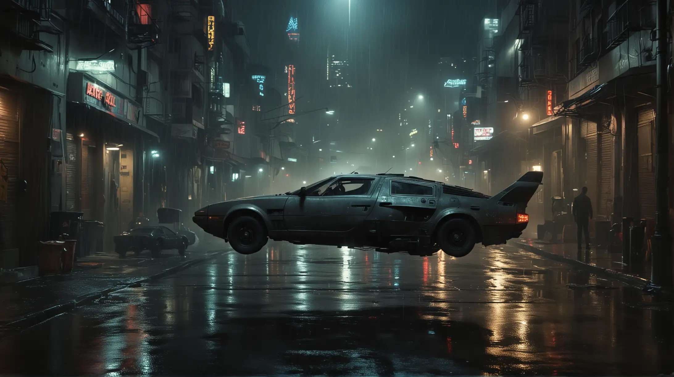 a flying car from blade runner film lands in the dark street of futuristic los angeles, dark, much steam, heavy rain