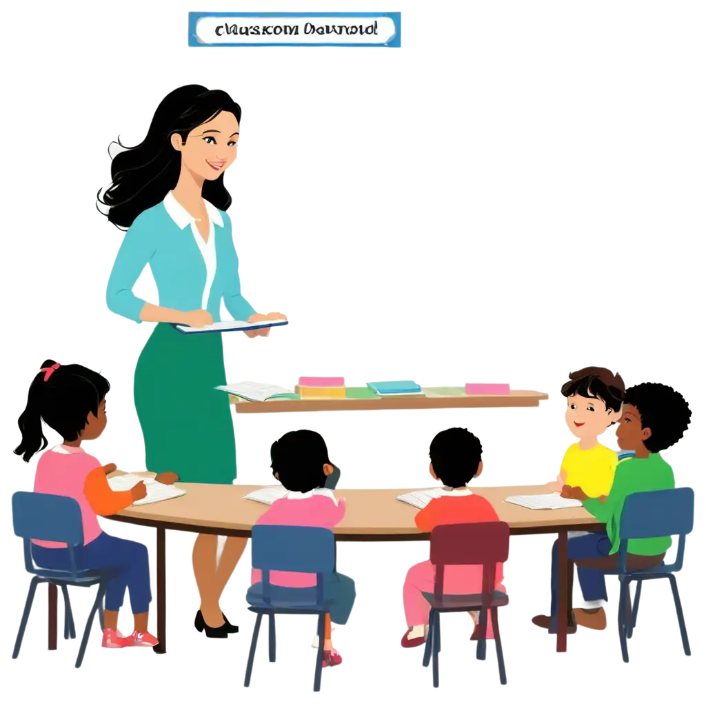 creat a 8 inches width 11 inches height clipart page  in which 8  kids sitting and facing classroom writing board. Teacher wearing  dress fully covered, standing in the classroom. Also a clock on the classroom. A bookshelf is also in the classroom.