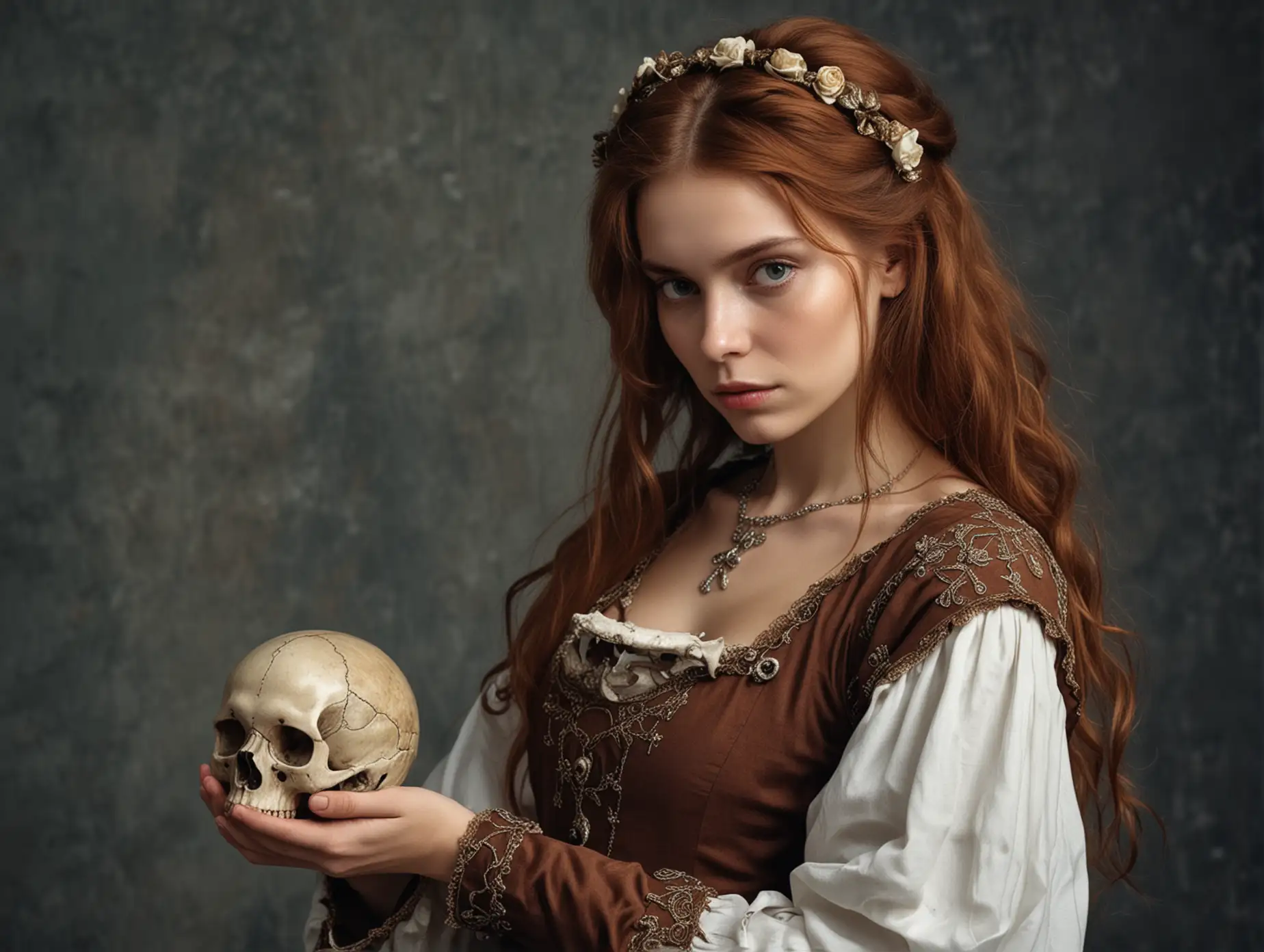 молодая женщина с каштановыми волосами в средневековом платье держит в руке череп