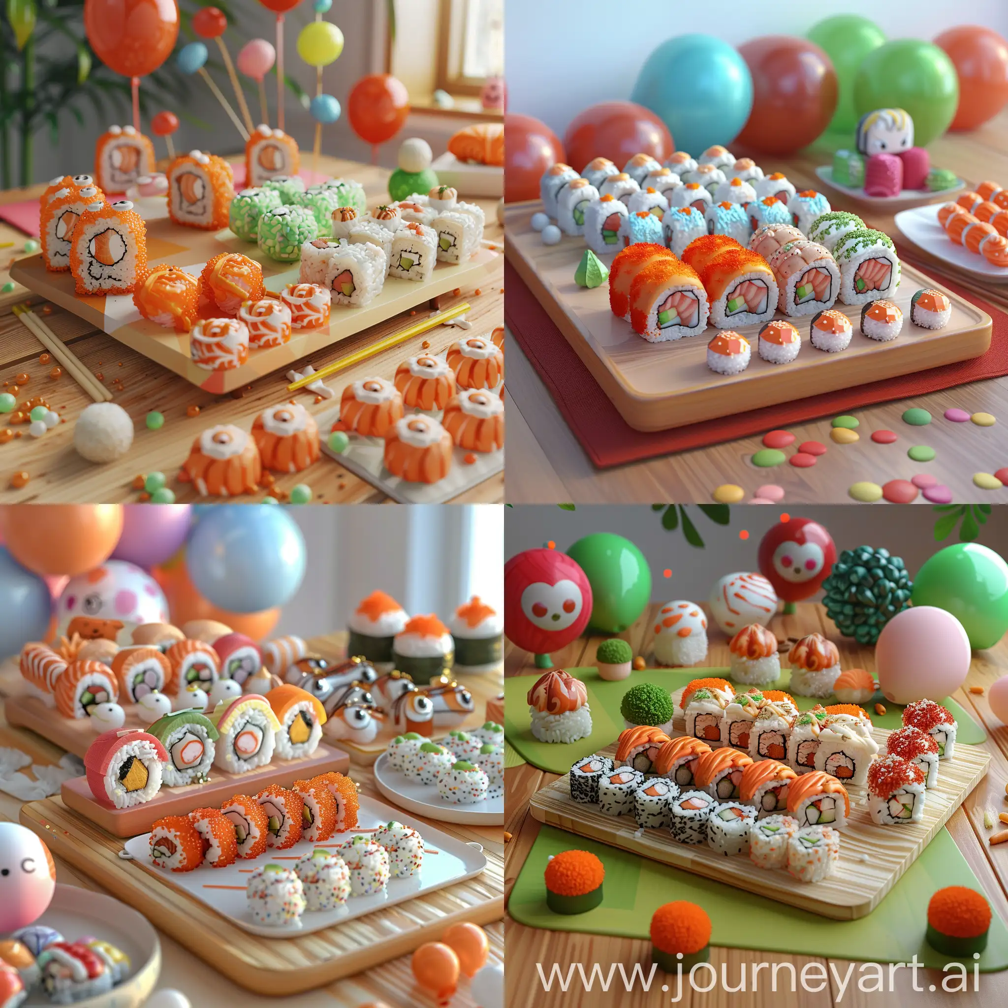 sets of different rolls on a sushi board, there are sushi and rice balls on a plate with a sushi, cute 3 d render, cute, hyperrealistic, lush, cinematic, c4d, 4k polymer clay food photography, sushi, anime food, kawaii hq render, pop japonisme 3 d ultra detailed, kenny wong x pop mart, kawaai, kawaii japanese style, kawaii, japanese kawaii style, super realistic food picture, birthday, balloons, holiday, hyper realism , realistic