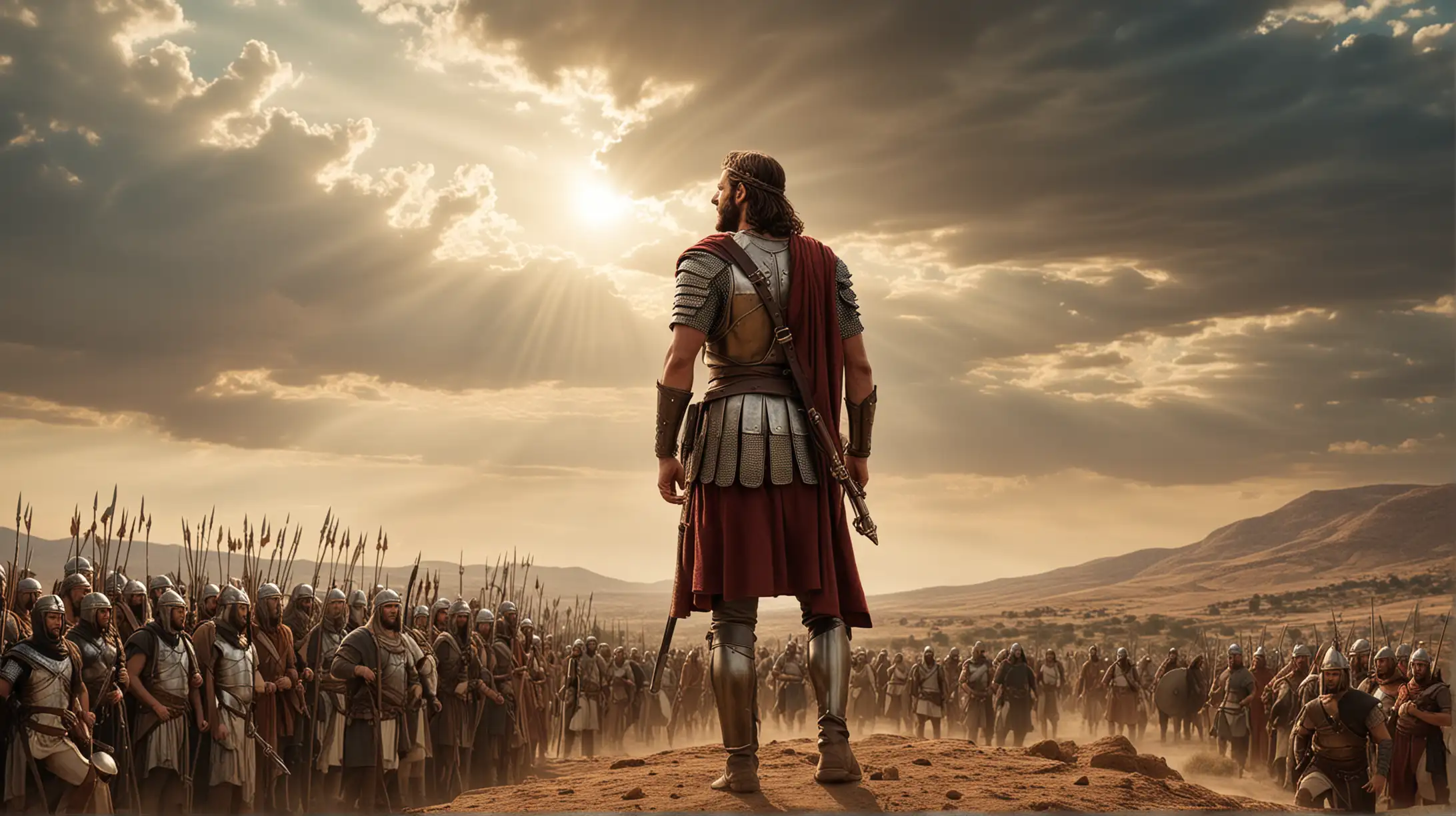 A battle ready King David facing a crowd of warriors on desert hilly fields. In the background a magnificent sky. Set during the Biblical Era of King David.