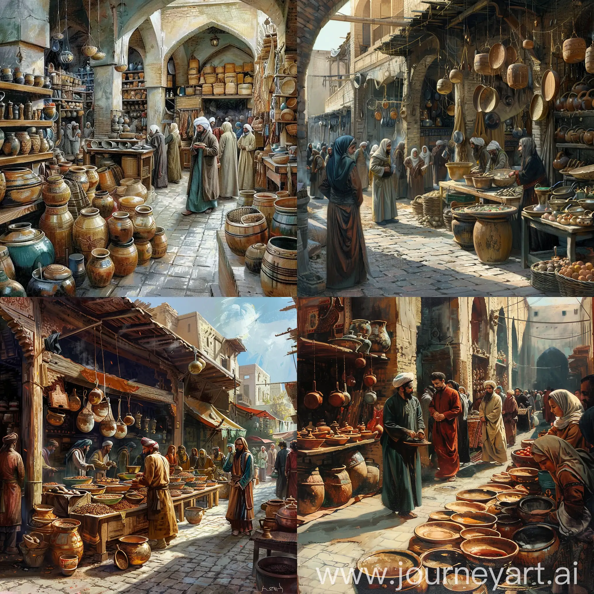 There is a beautiful and clean ancient Iranian city, and in it, there is a marketplace filled with wooden cooking utensils. People, dressed in exquisite attire, are engrossed in watching the scene.