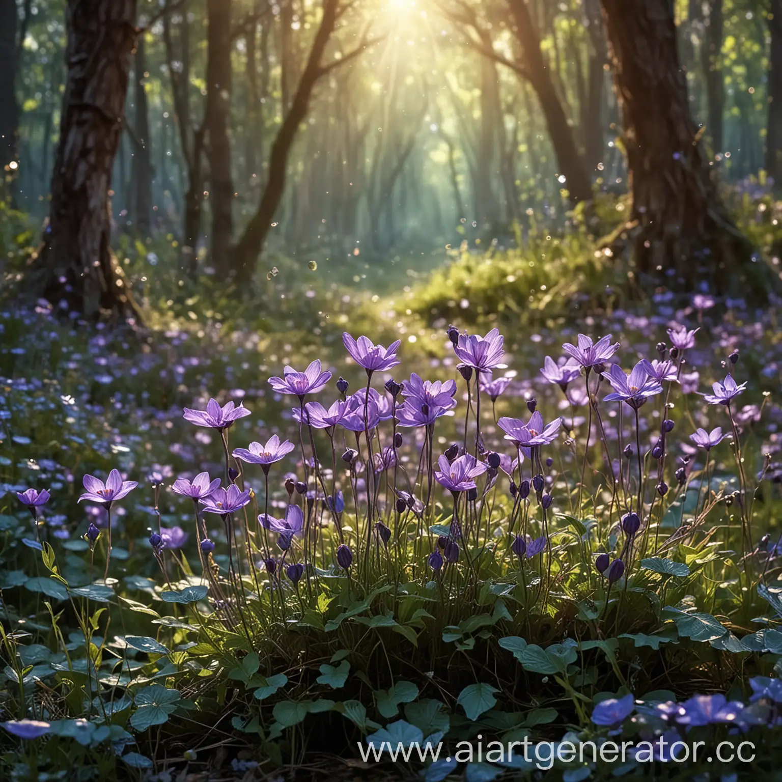 Красивые волшебные пурпурные цветы на поляне фей