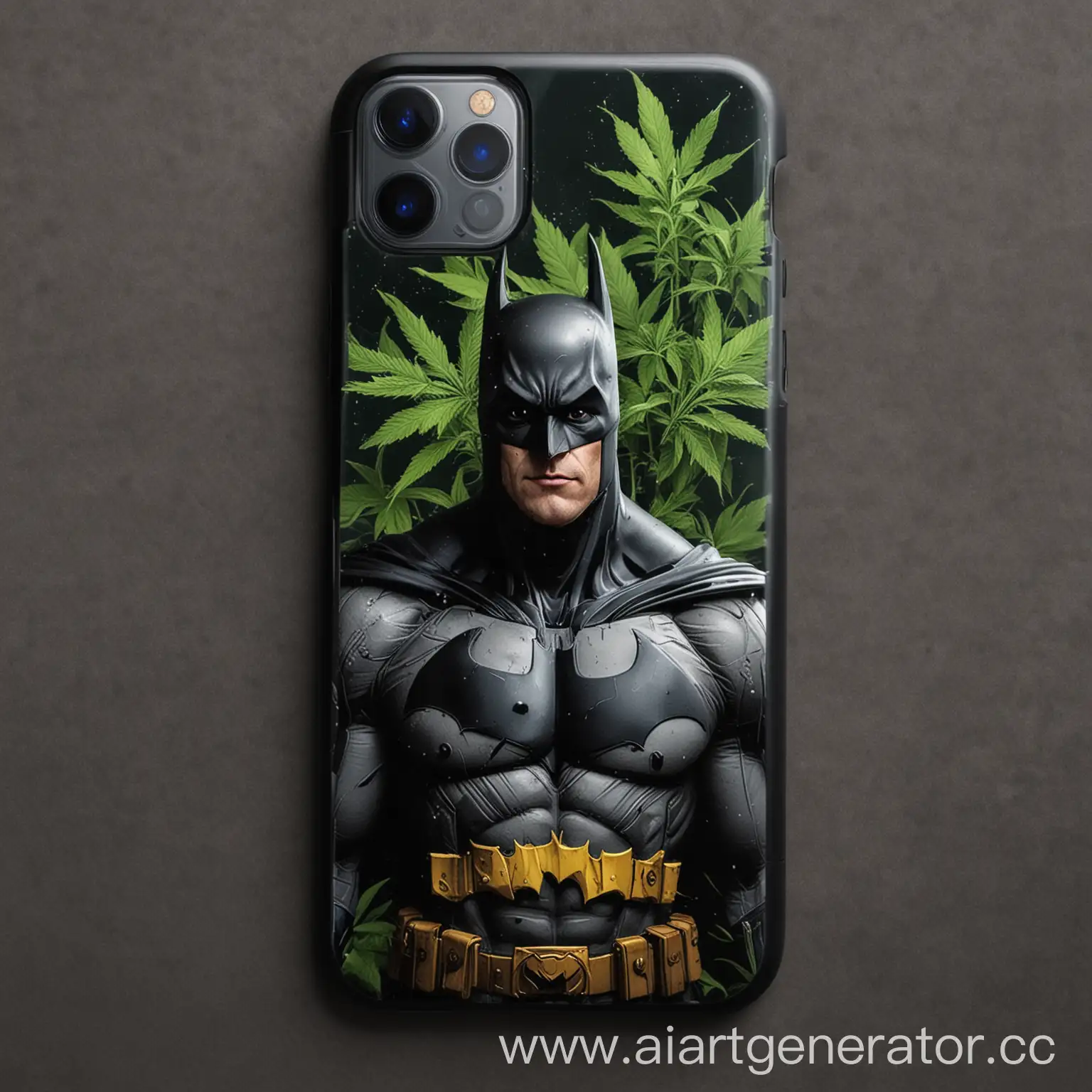 Создай Iphone 15 Pro Max на заднем корпусе которого нарисовано вставленное изображение бэтмена с канабисом
