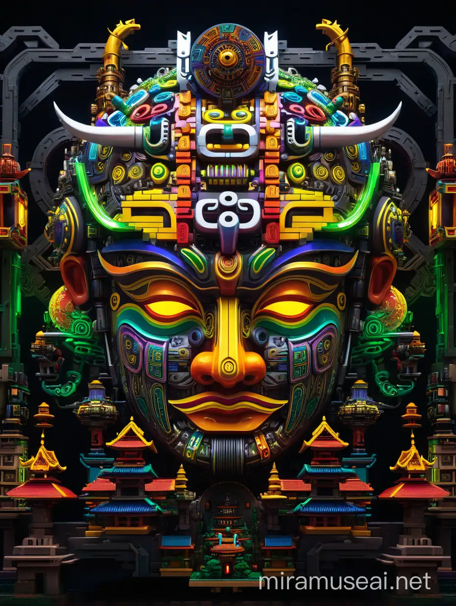 Psychedelic Visionary World Japanese Mask Amidst Forest and Machinery