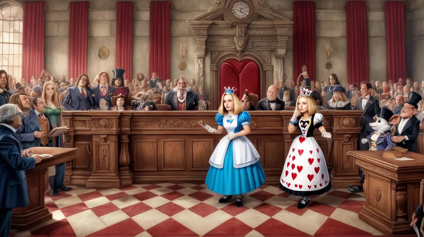 alice's adventures in wonderland
The Trial:

Scene: The chaotic courtroom where the Queen holds a trial for the Knave of Hearts. Show the unfair proceedings and Alice standing up to declare the trial as a silly dream.
