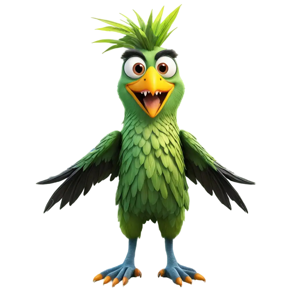3D render fantasy monster, colorfull grunge character, funny Parot design colorfull element, attractive emoticon, unique expression sticker isolated on the white background, 4k, The color scheme is black and white with a yellow beak and feet.