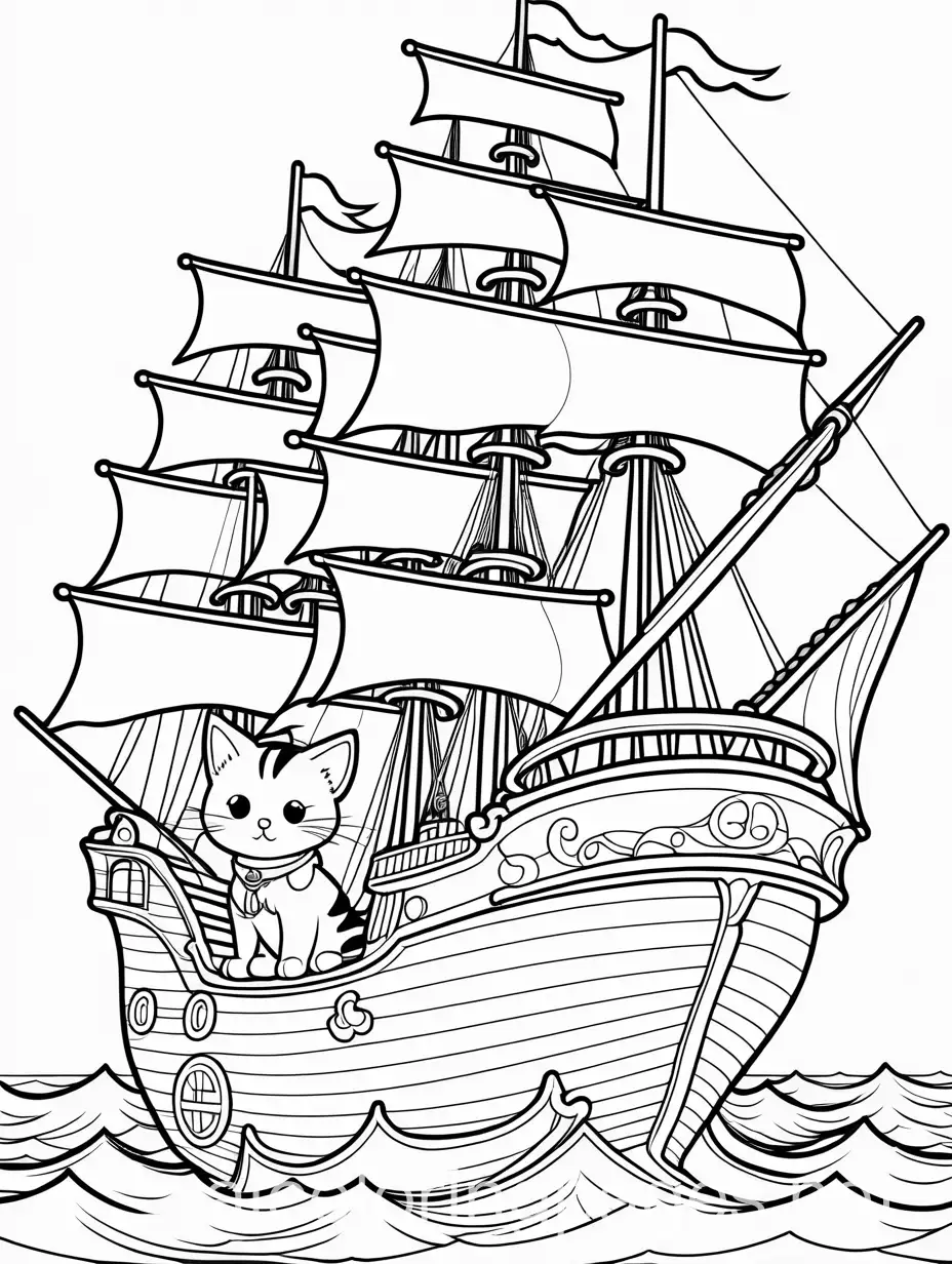 A kitty on a pirate ship, with a fun story about pirate kitty., Coloring Page, black and white, line art, white background, Simplicity, Ample White Space. The background of the coloring page is plain white to make it easy for young children to color within the lines. The outlines of all the subjects are easy to distinguish, making it simple for kids to color without too much difficulty