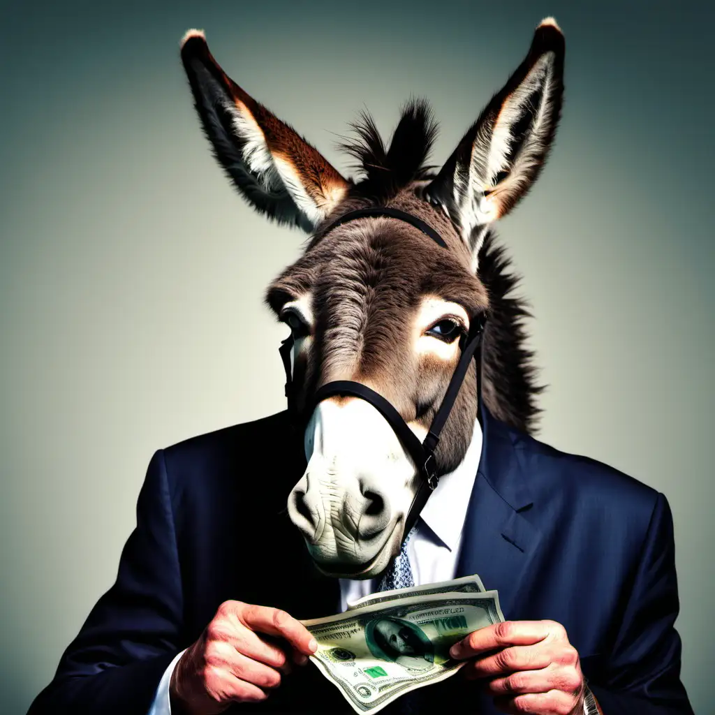 a man with a donkey's head counts money