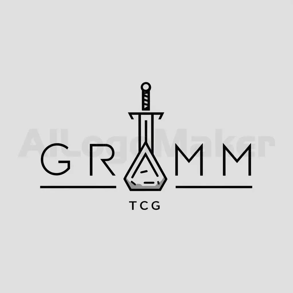 a logo design,with the text "Gram TCG", main symbol:a sword in stone,Minimalistic,clear background