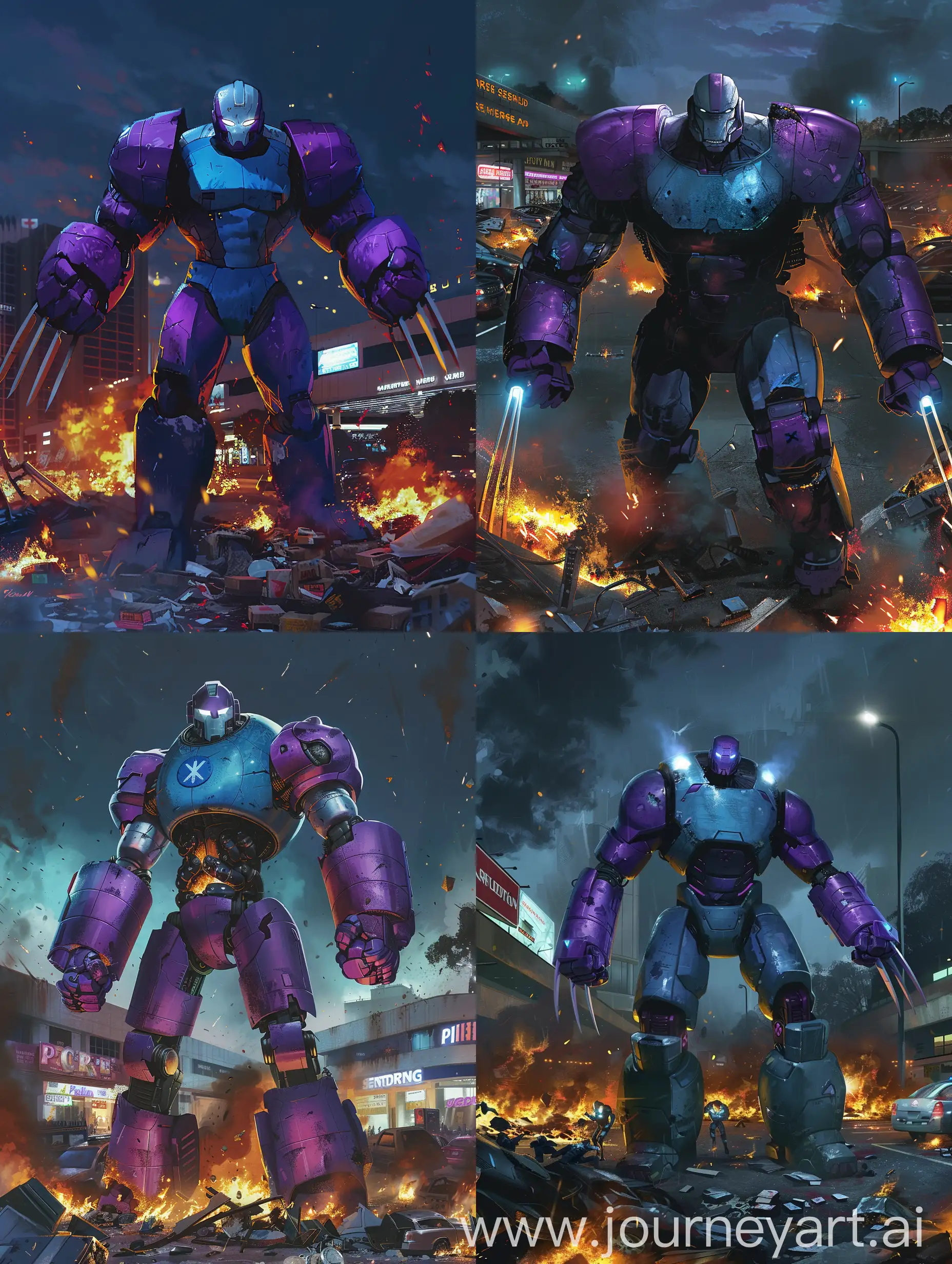 A towering Sentinel from X-Men with purple arms, a blue chest, and white eyes in a comic book art style, standing in a shopping mall parking lot at night amid fires and debris
