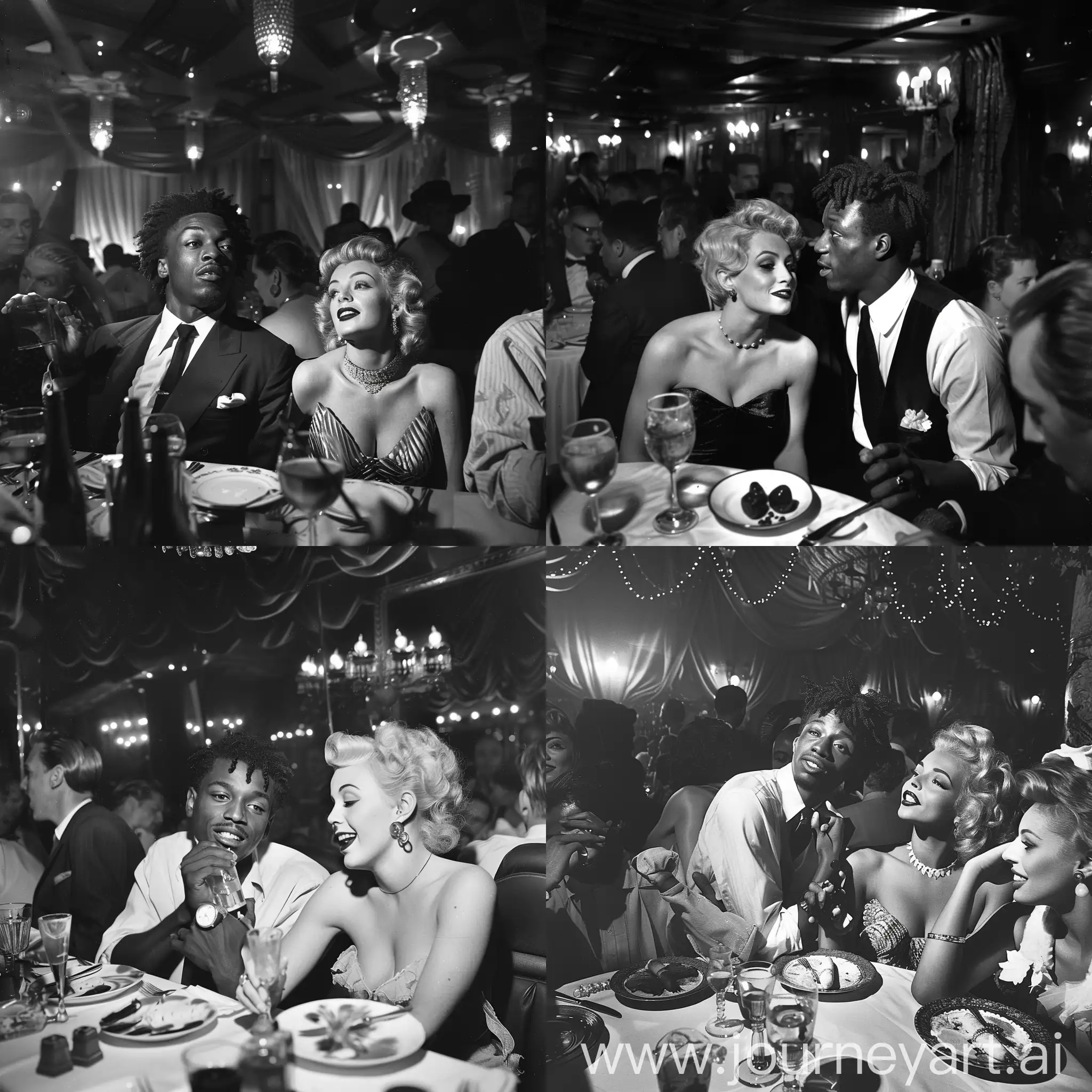 A 1960s Black and White Photograph,of Juice WRLD and Marilyn Monroe,at and fancy expensive restaurant with many people there.