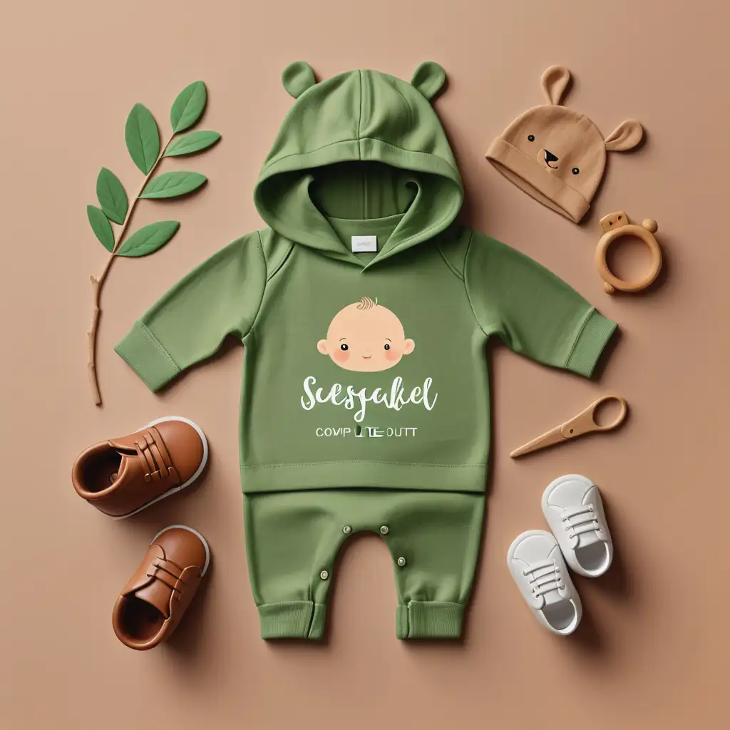 custom image logo representing 
a babys complete clothes outfit, green colour earthy feels and colours