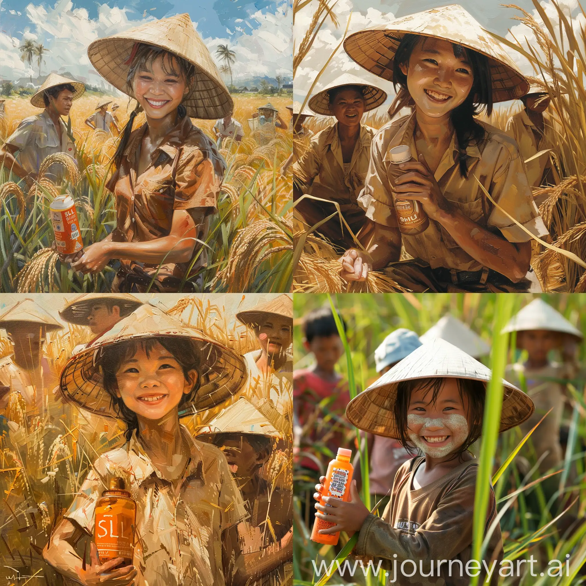 Smiling-Vietnamese-Girl-in-Brown-Farmers-Shirt-with-SIL-Sunscreen-in-Rice-Field