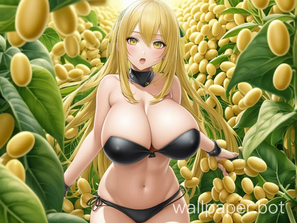 anime girl sexy big tits disguised in soy plant with yellow soy beans background