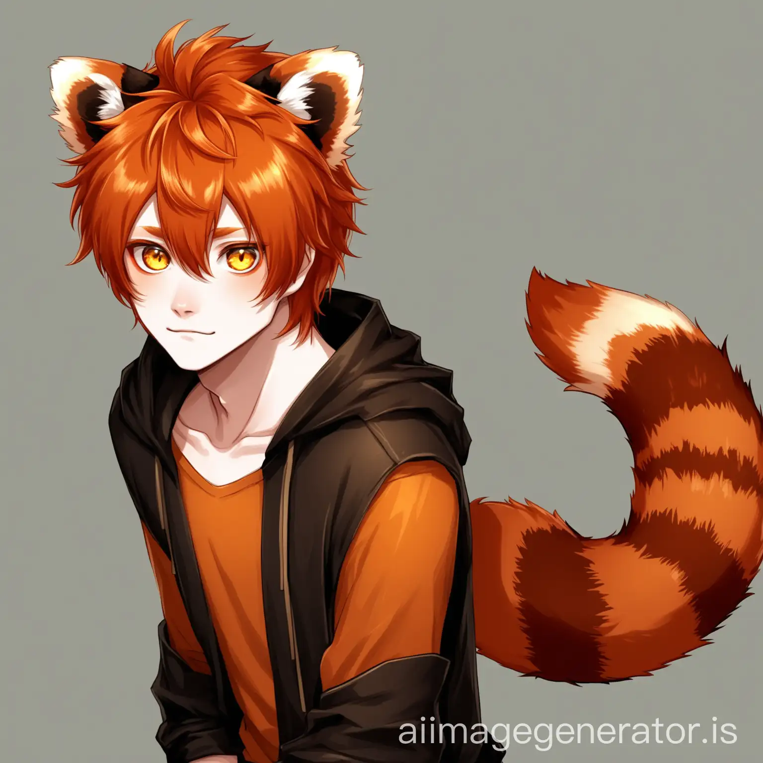 Male, red panda demihuman, soft red panda ears and tail, orange hair, stunning yellow eyes.