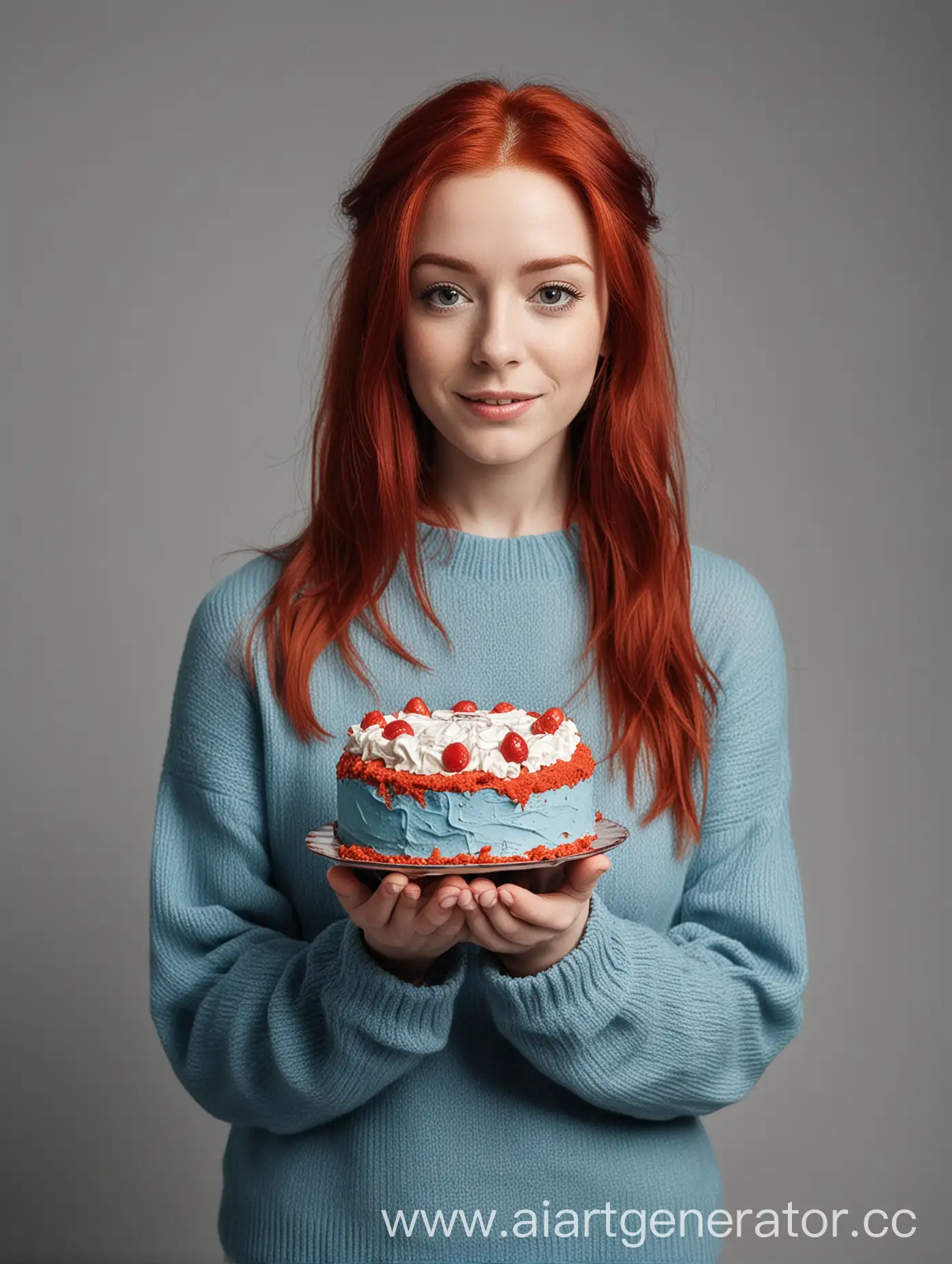 Person-with-Red-Hair-Holding-Minimalist-Cake-in-Blue-Sweater
