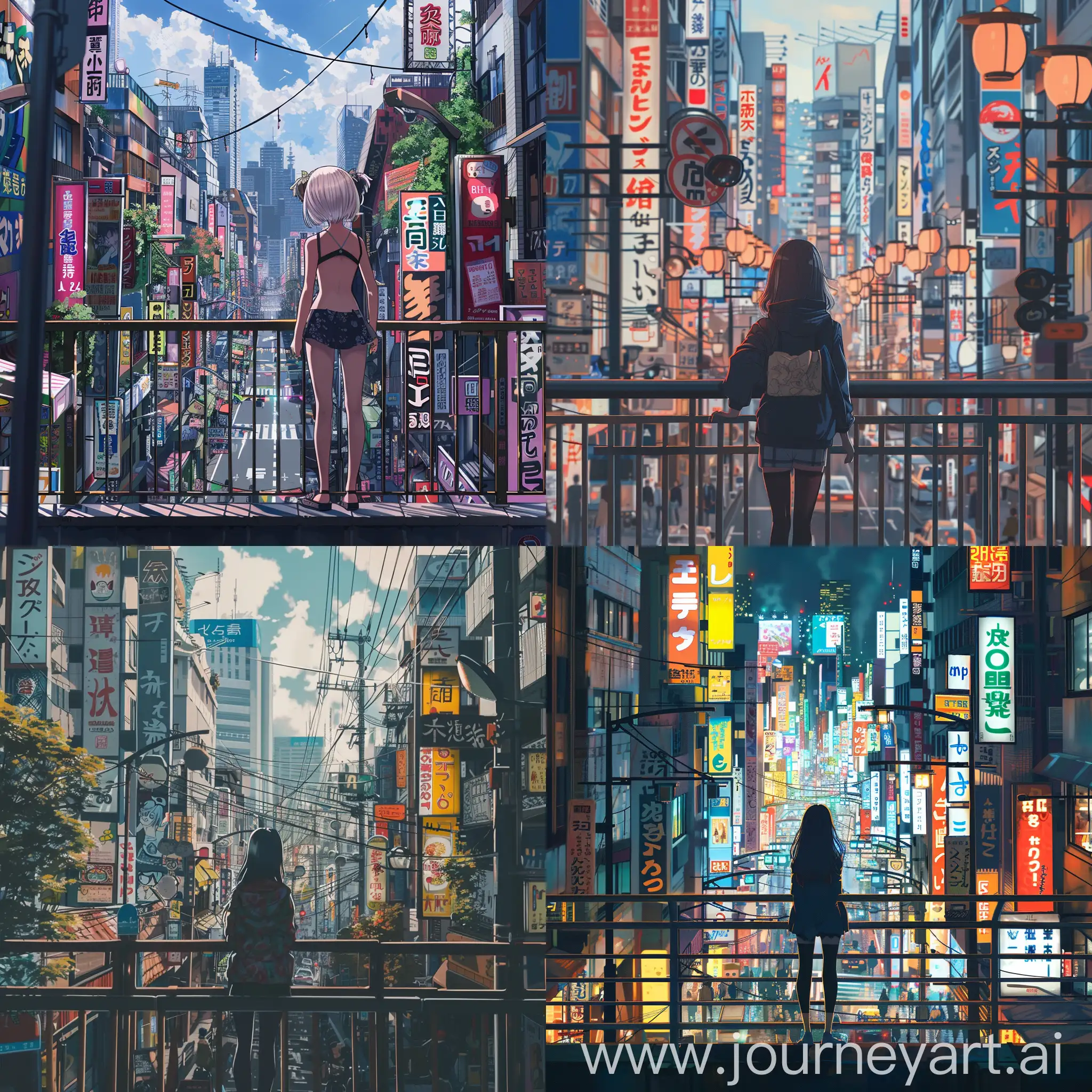 токийские красивые улицы с вывесками, аниме девочка стоит у перил и наблюдает за красотой города