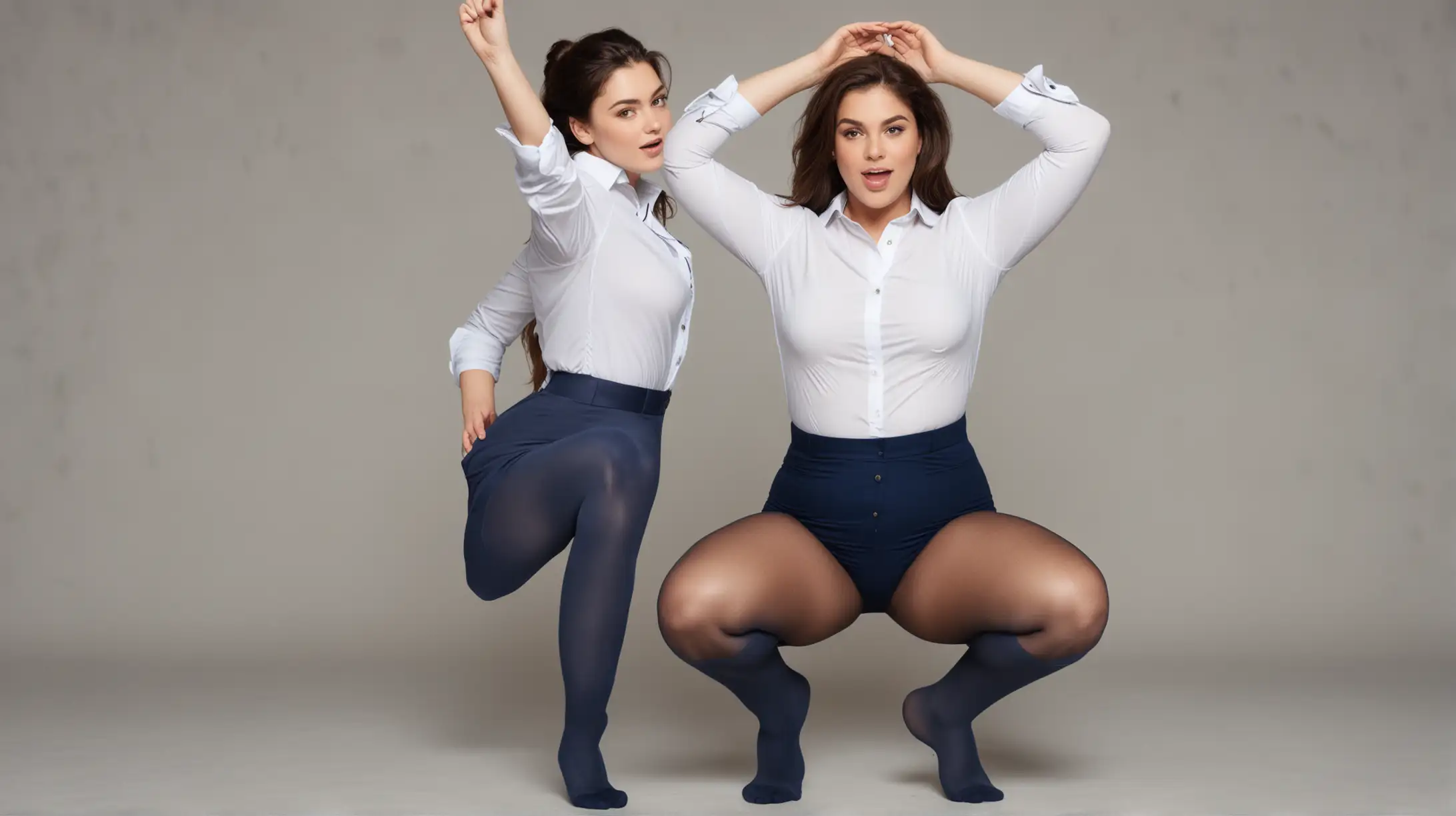 Beautiful, Curvy, Woman with Dark Hair, arms raised high, wearing an untucked white button down shirt, Gray Pantyhose, Squat position with a Curvy, Lighter Haired Woman, wearing an untucked blue button down shirt, Navy Blue Pantyhose, also squatting.