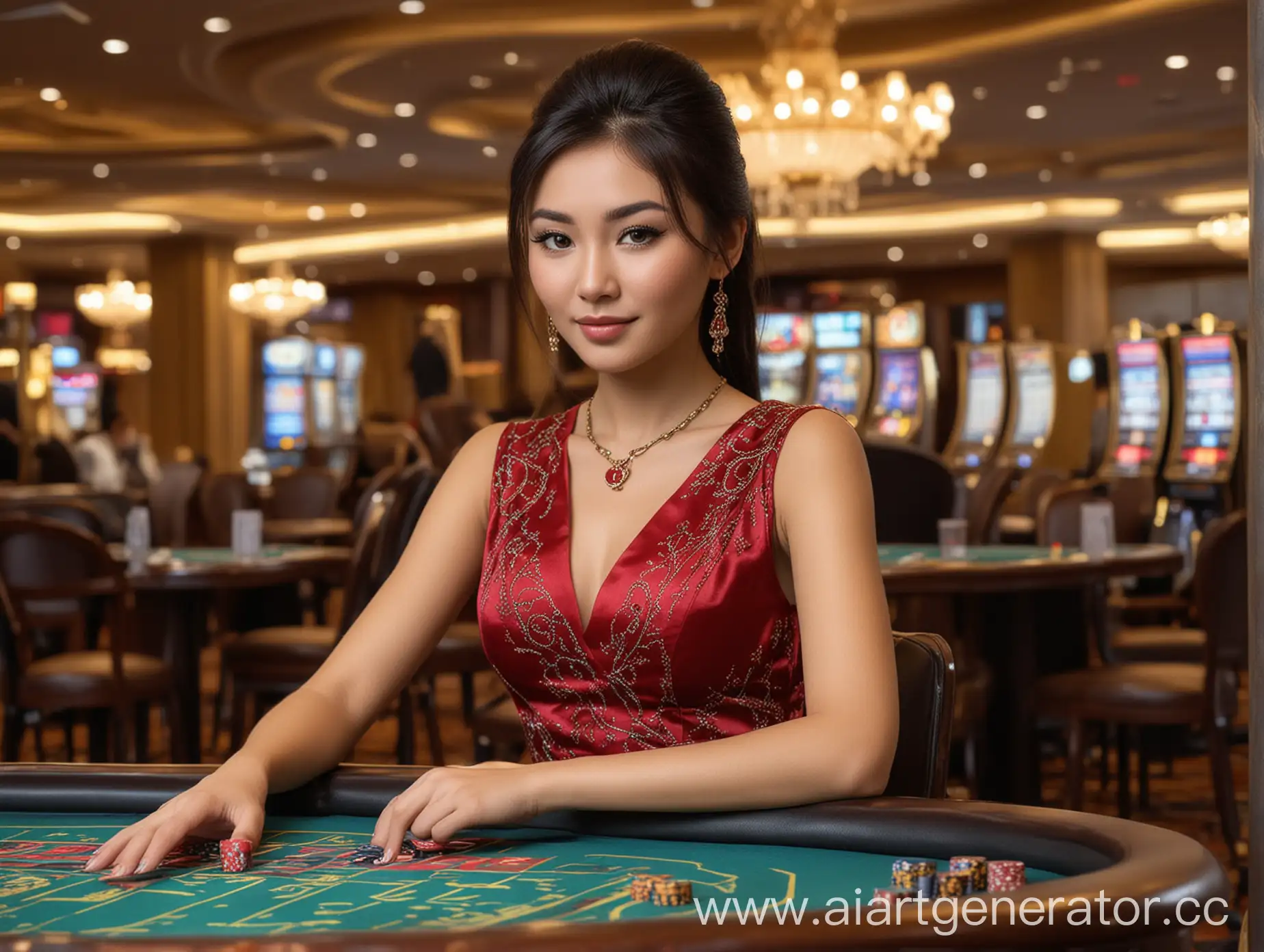 Красивая казахская девушка дилер в казино, изображение формата PNG