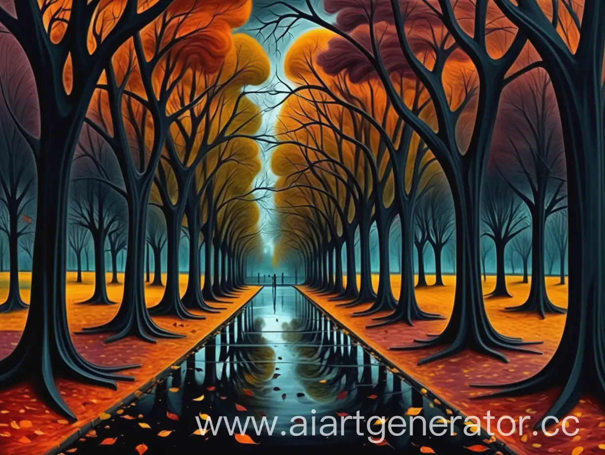 Autumn - park with dark colors in the style of surrealism and many trees and with many perspectives in the style of Scream painting-so dangerous