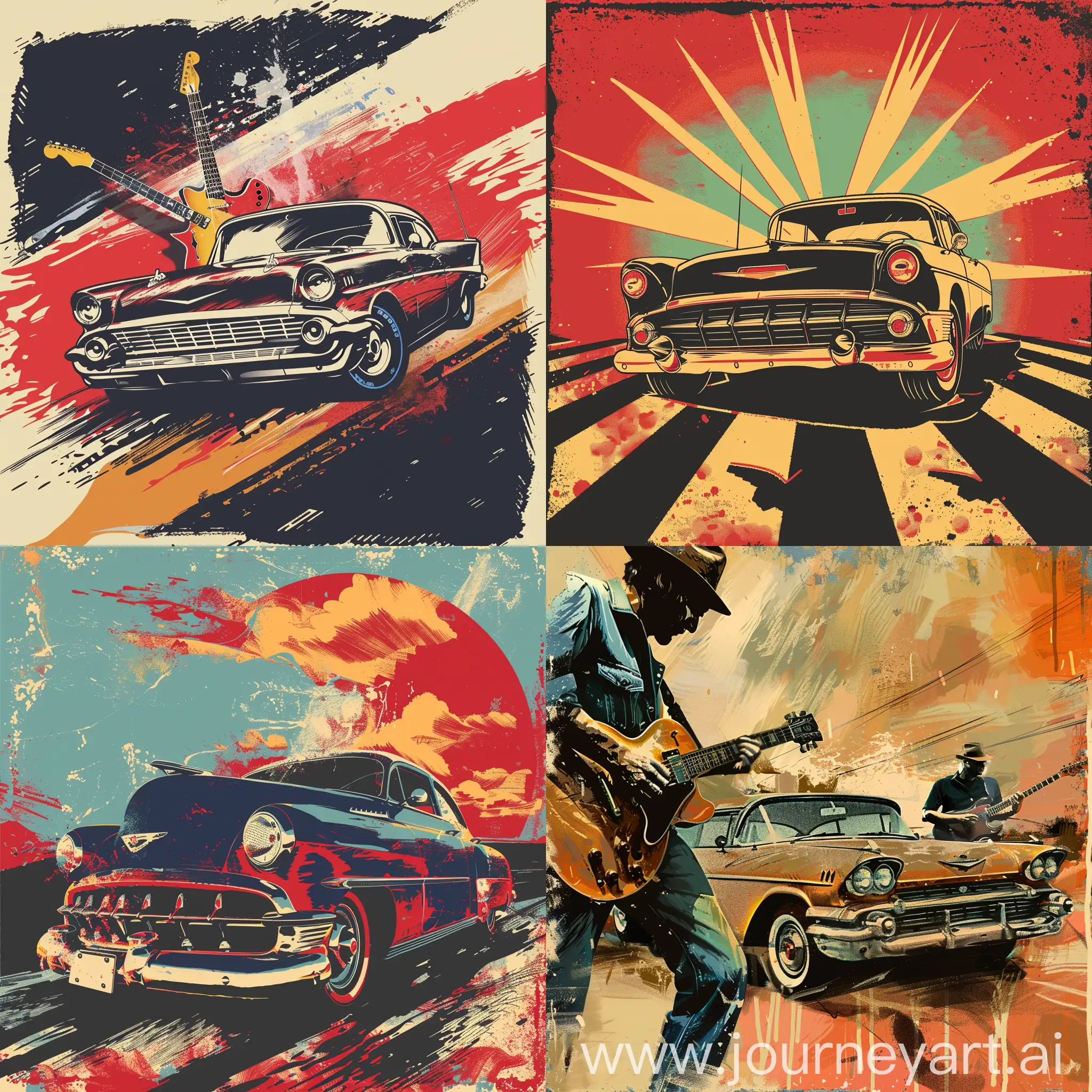 playlist cover for old rock and roll music, guitars, rock band, vintage concert, vintage american car