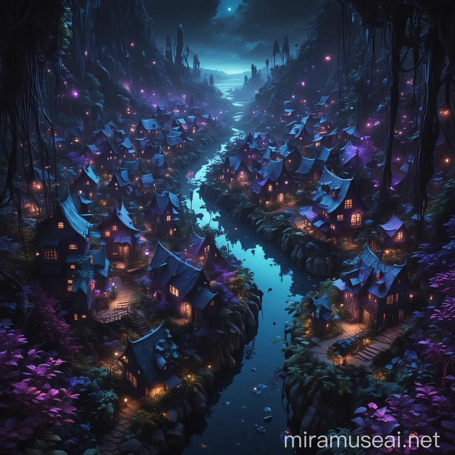dark fantasy style, arial view of a village, many abstract fantasy houses mimicking interesting shapes and plants, surrounded by giant bioluminescent plants, eternal darkness, firefly particles, tall trees, purple and blue indoor lights, fantasy forest setting